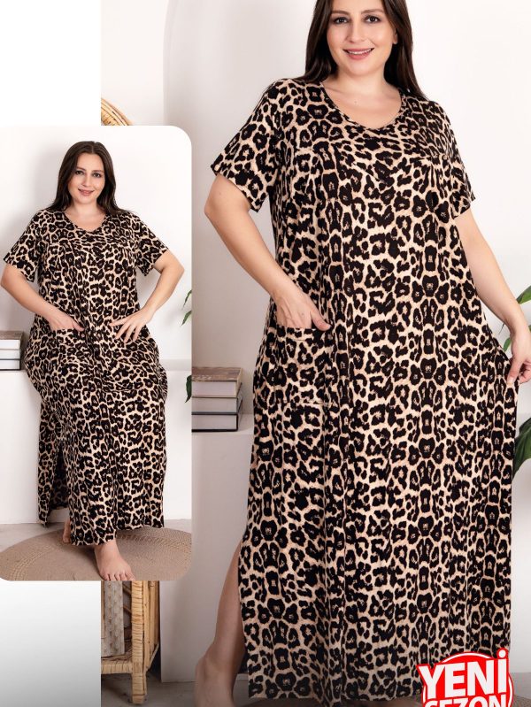 Viskon Kumaş Büyük Beden Leopar Desenli Yırtmaçlı Cepli Kısa Kol Elbise Gecelik Battal 7251 - 2XL