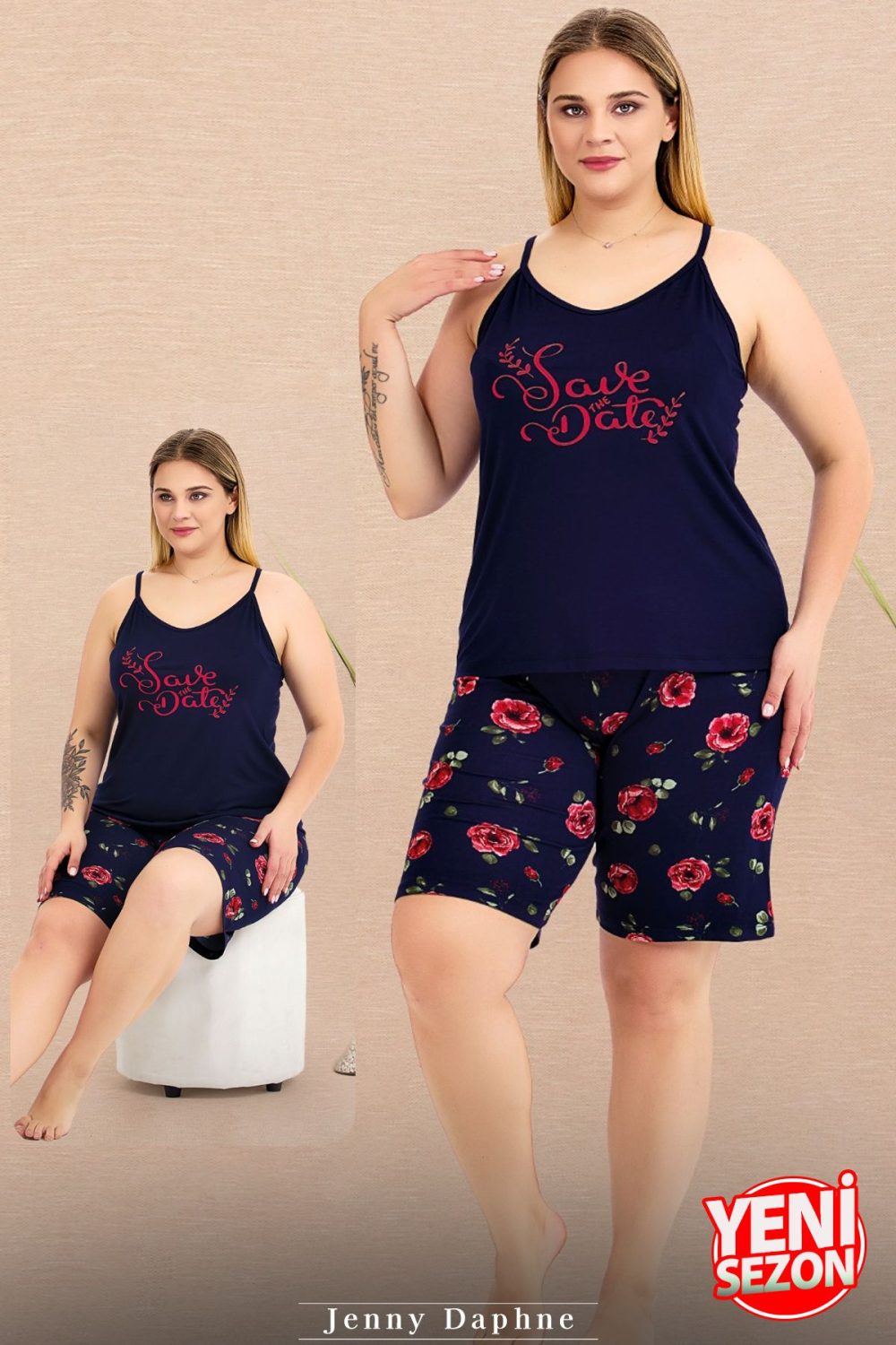 Lady büyük beden Çiçek Desenli Şort İnce Askılı şortlu pijama takımı 10443