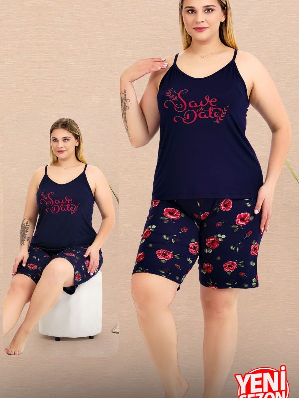 Lady büyük beden Çiçek Desenli Şort İnce Askılı şortlu pijama takımı 10443 - 3XL