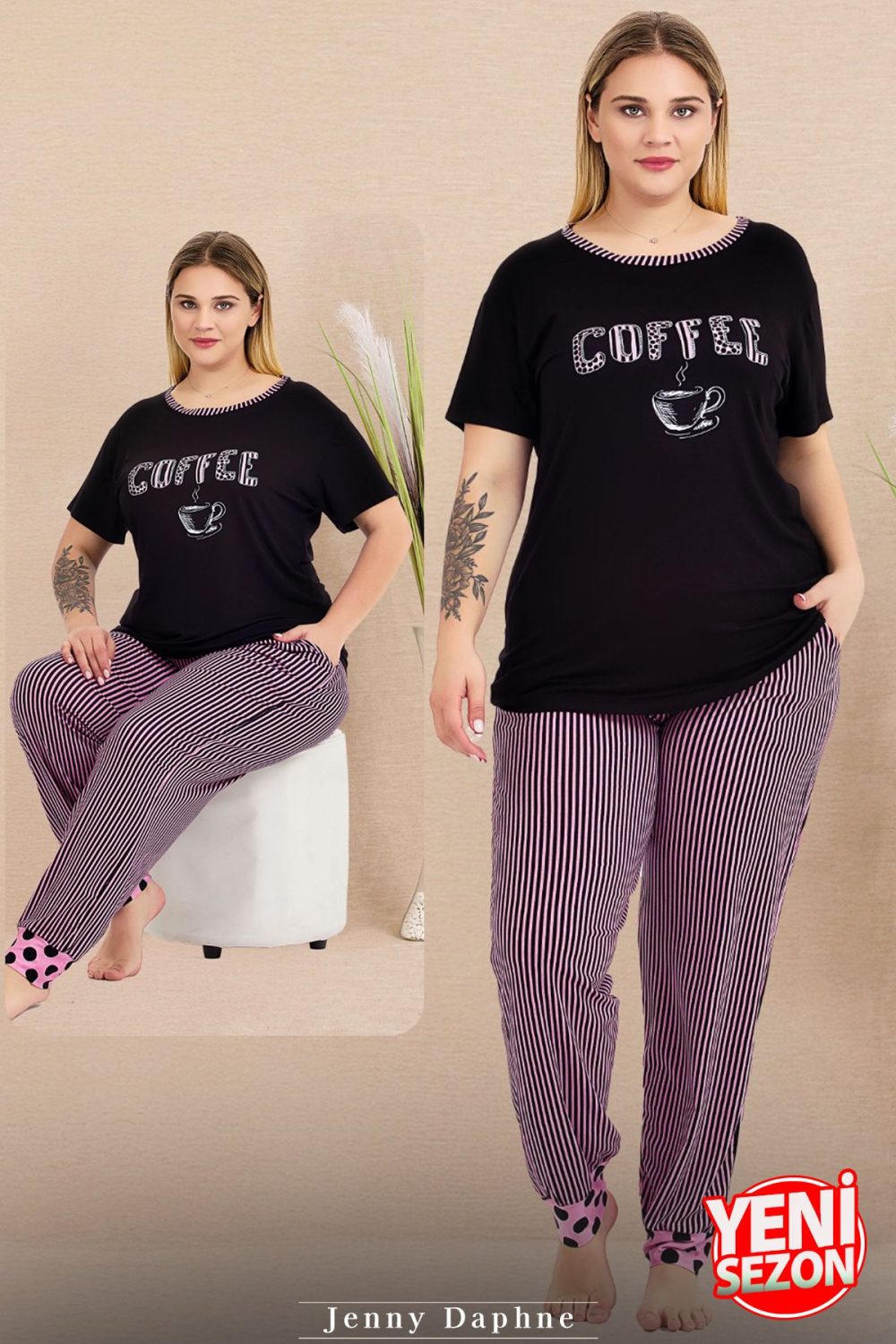 Lady Büyük Beden Çizgili Paça Detaylı Pijama Kısa Kollu Pijama Takımı 11009