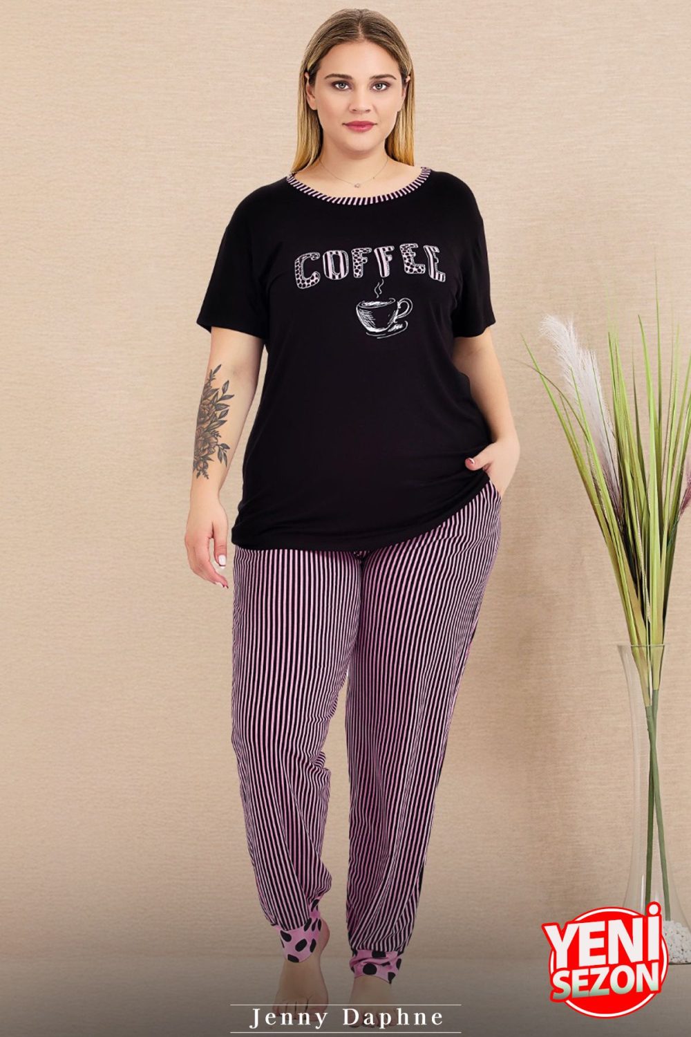Lady Büyük Beden Çizgili Paça Detaylı Pijama Kısa Kollu Pijama Takımı 11009 - Görsel 2