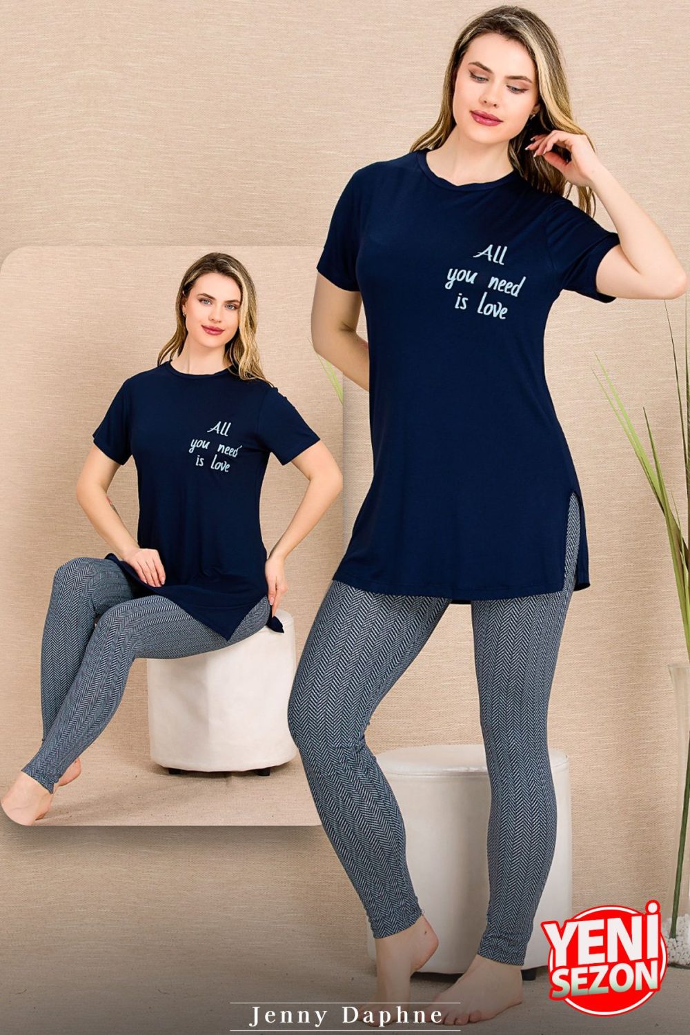 Lady Lacivert Üst Gri Alt Pijama Takımı 12493