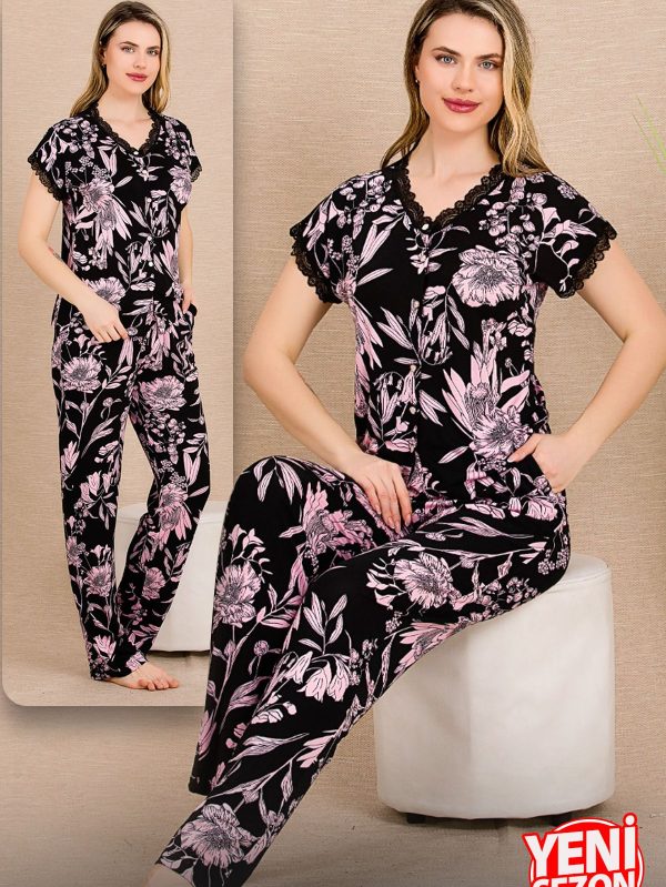 Lady Düğmeli yaka Kollar ve yaka dantelli kısa kollu Pijama Takımı 12495 - M