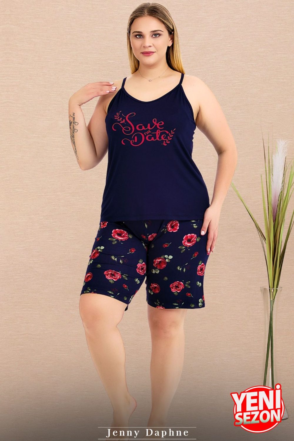 Lady büyük beden Çiçek Desenli Şort İnce Askılı şortlu pijama takımı 10443 - Görsel 2