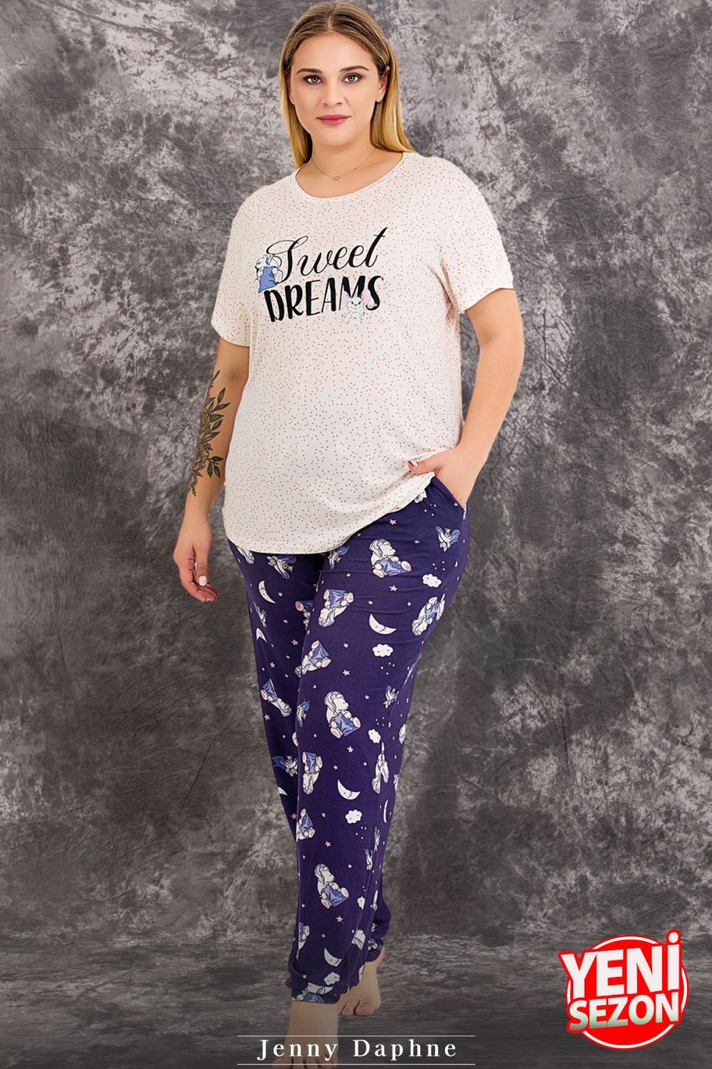 Lady Büyük Beden Gece Desenli Kısa Kollu Pijama Takımı 10978 - Görsel 2