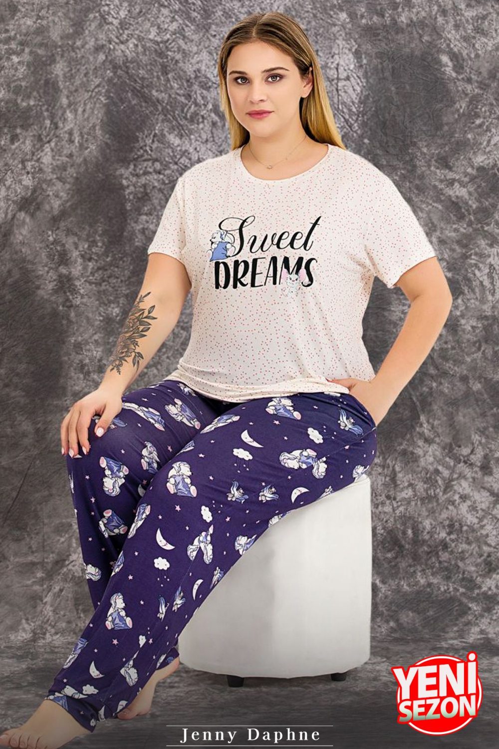 Lady Büyük Beden Gece Desenli Kısa Kollu Pijama Takımı 10978 - Görsel 3