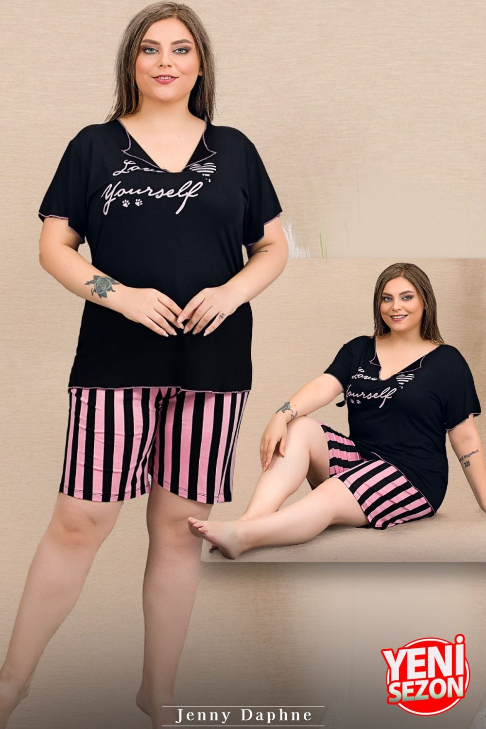 Lady büyük beden çizgili kısa kollu v yaka baskılı şortlu pijama takımı 10427