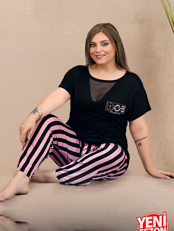 Lady viskon kumaş büyük beden çizgi desenli göğüs kısmı tül detaylı kısa kollu pijama takımı 11000 - 3XL