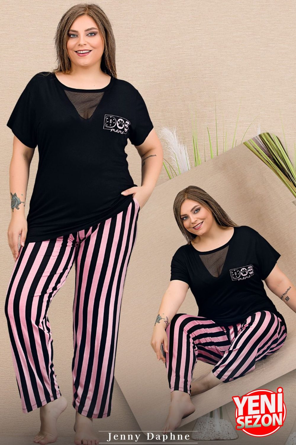 Lady viskon kumaş büyük beden çizgi desenli göğüs kısmı tül detaylı kısa kollu pijama takımı 11000 - Görsel 2