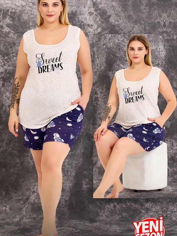 Lady büyük beden gece desenli kısa kollu kollar dantelli şortlu pijama takımı 10423 - 3XL