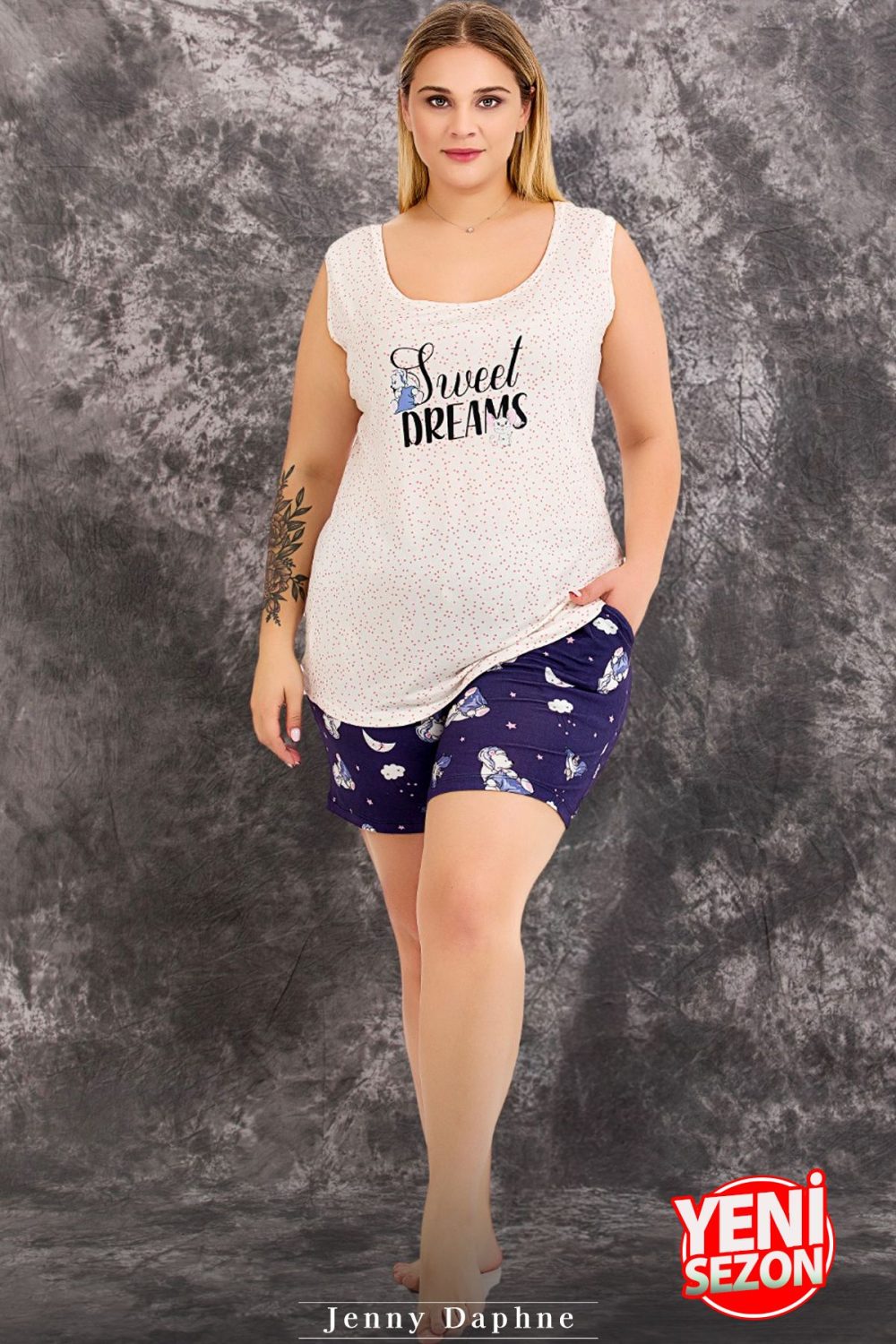 Lady büyük beden gece desenli kısa kollu kollar dantelli şortlu pijama takımı 10423 - Görsel 2