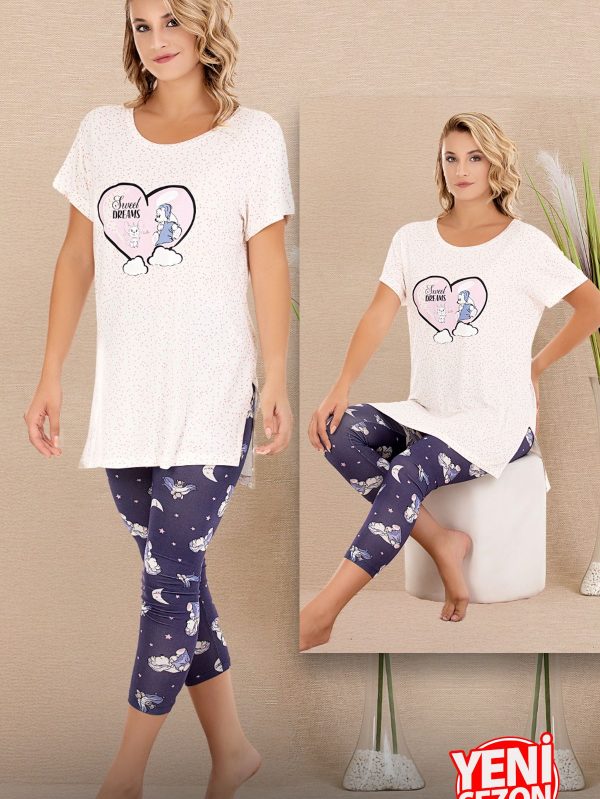 Viskon kumaş baskılı kısa kollu tişört rahat kesim kapri pijama takımı 12069 - M
