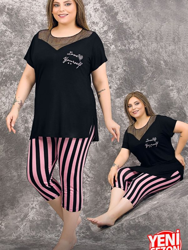 Lady viskon kumaş büyük beden çizgili tül detaylı yaka kısa kollu uzun kapri pijama takımı 10719 - 2XL