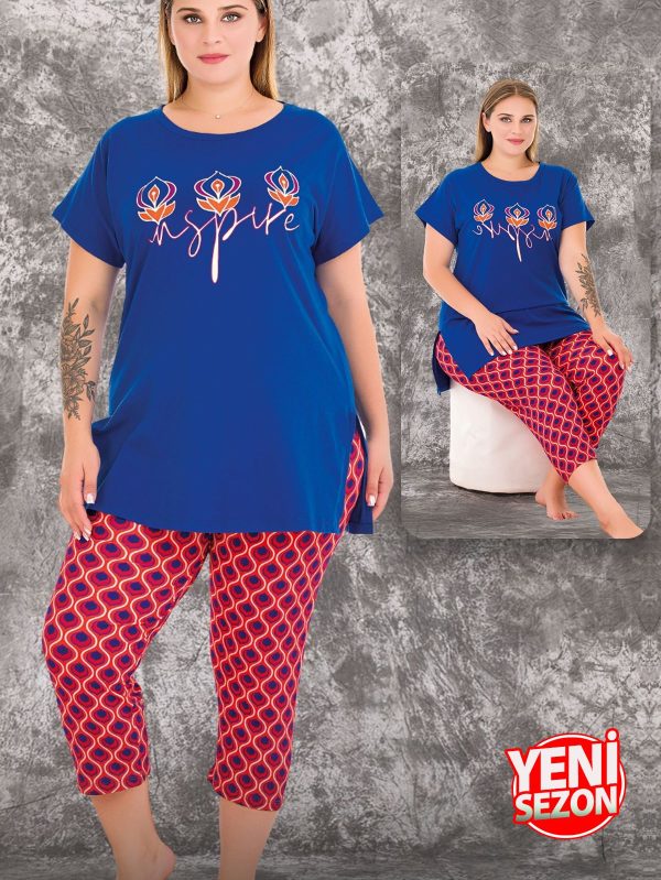 Lady viskon kumaş büyük beden renkli desenli kısa kollu uzun kapri pijama takımı 10718 - 4XL