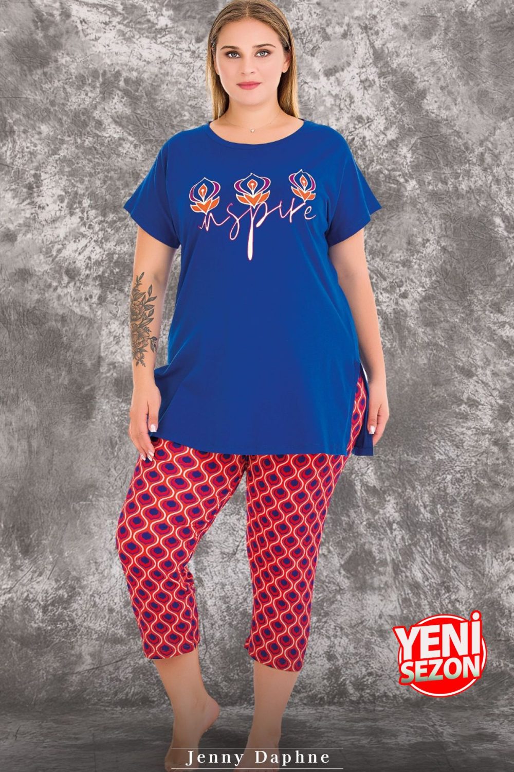 Lady viskon kumaş büyük beden renkli desenli kısa kollu uzun kapri pijama takımı 10718 - Görsel 5