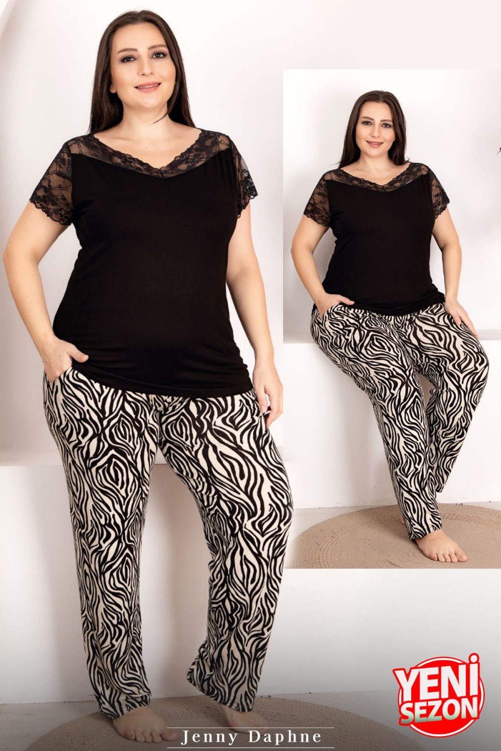 Lady viskon kumaş büyük beden zebra desenli omuz ve kol dantel detaylı uzun pijama takımı 10949