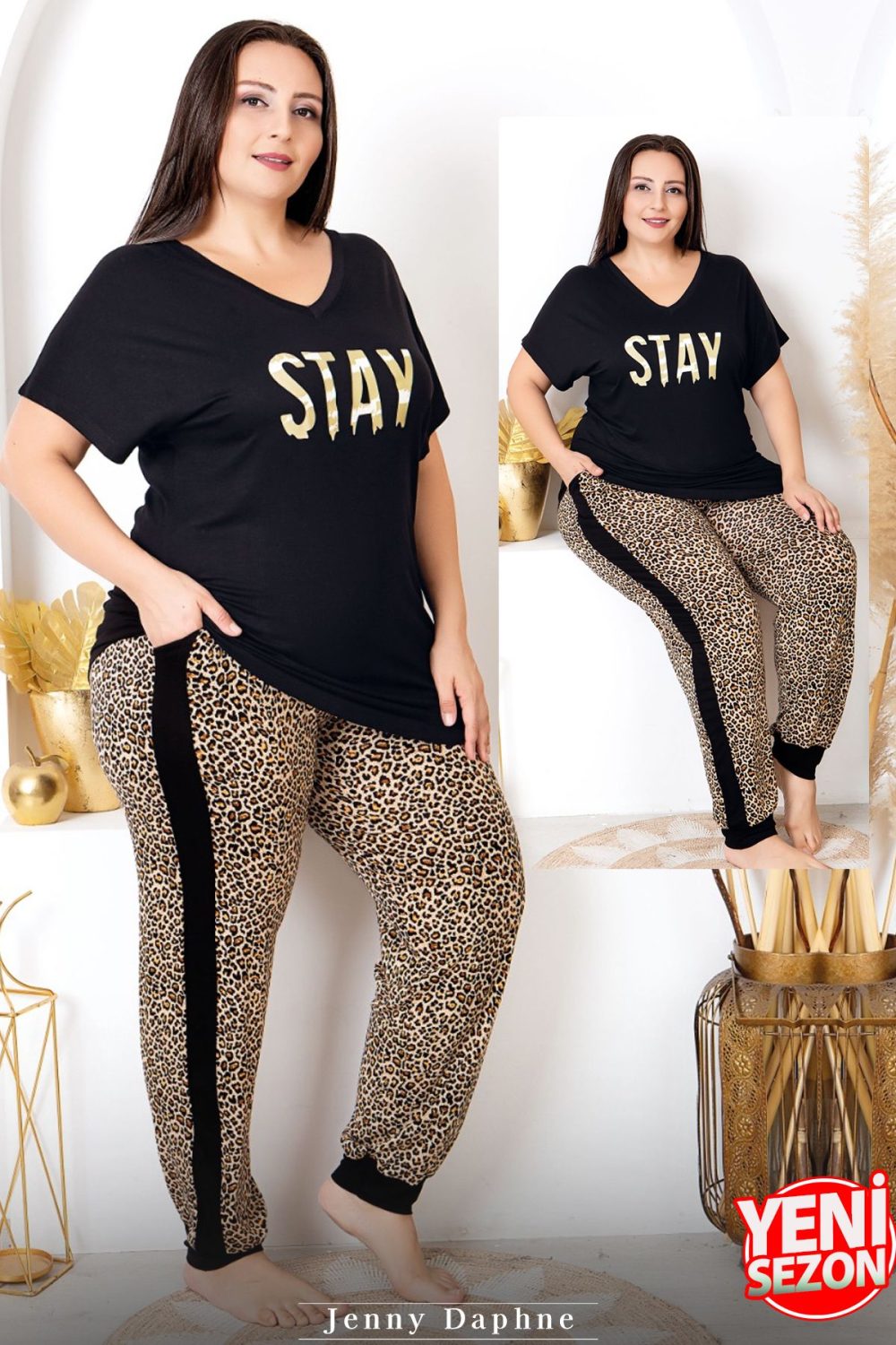 Lady viskon kumaş büyük beden leopar desenli baskılı kısa kollu uzun pijama takımı 10987