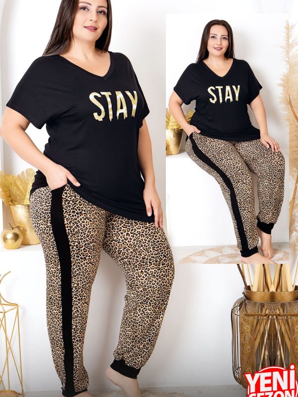 Lady viskon kumaş büyük beden leopar desenli baskılı kısa kollu uzun pijama takımı 10987 - 2XL