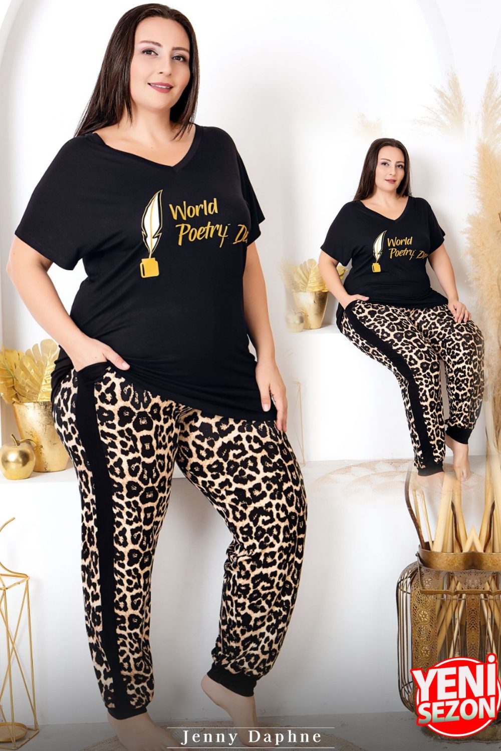 Lady viskon kumaş büyük beden leopar desenli kısa kollu uzun pijama takımı 10982