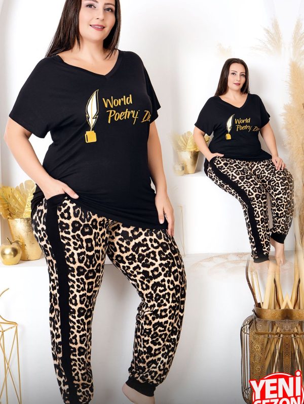 Lady viskon kumaş büyük beden leopar desenli kısa kollu uzun pijama takımı 10982 - 2XL