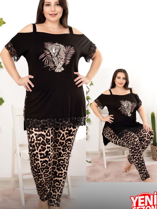 Lady viskon kumaş büyük beden leopar desenli omuz detaylı kısa kollu uzun pijama takımı 10954 - 4XL