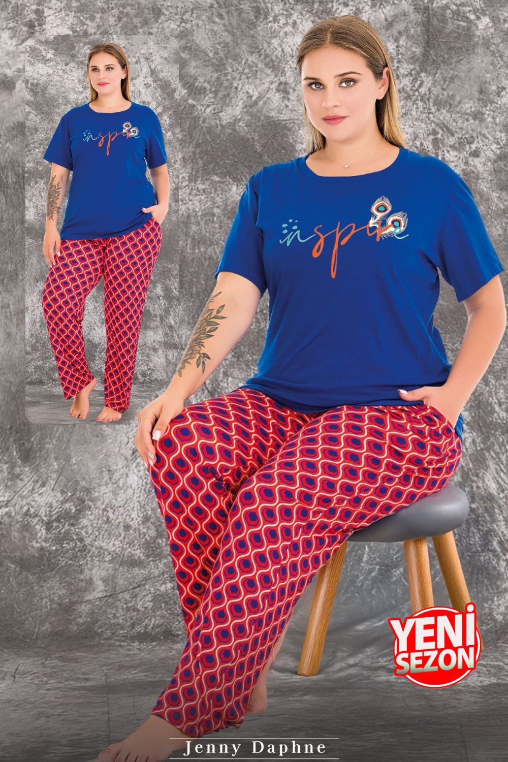 Lady viskon kumaş büyük beden desenli kısa kollu uzun pijama takımı 10981