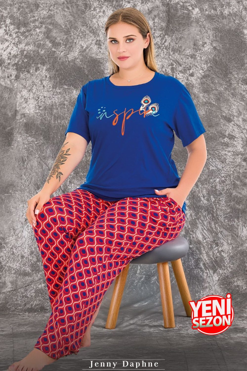 Lady viskon kumaş büyük beden desenli kısa kollu uzun pijama takımı 10981 - Görsel 2