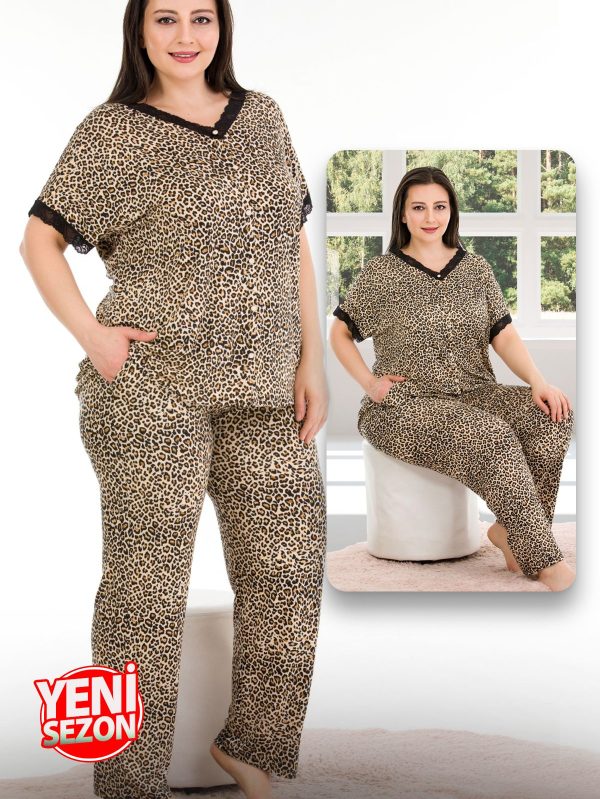 Lady viskon kumaş büyük beden leopar desenli düğmeli yaka kısa kollu uzun pijama takımı 10802 - 4XL
