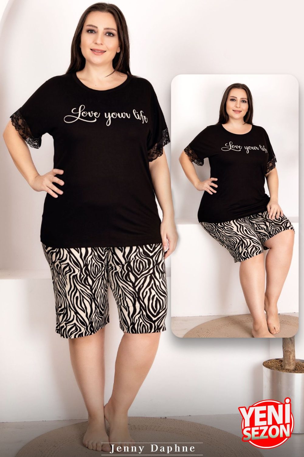 Lady büyük beden zebra desenli kısa kollu kollar dantelli şortlu pijama takımı 10400