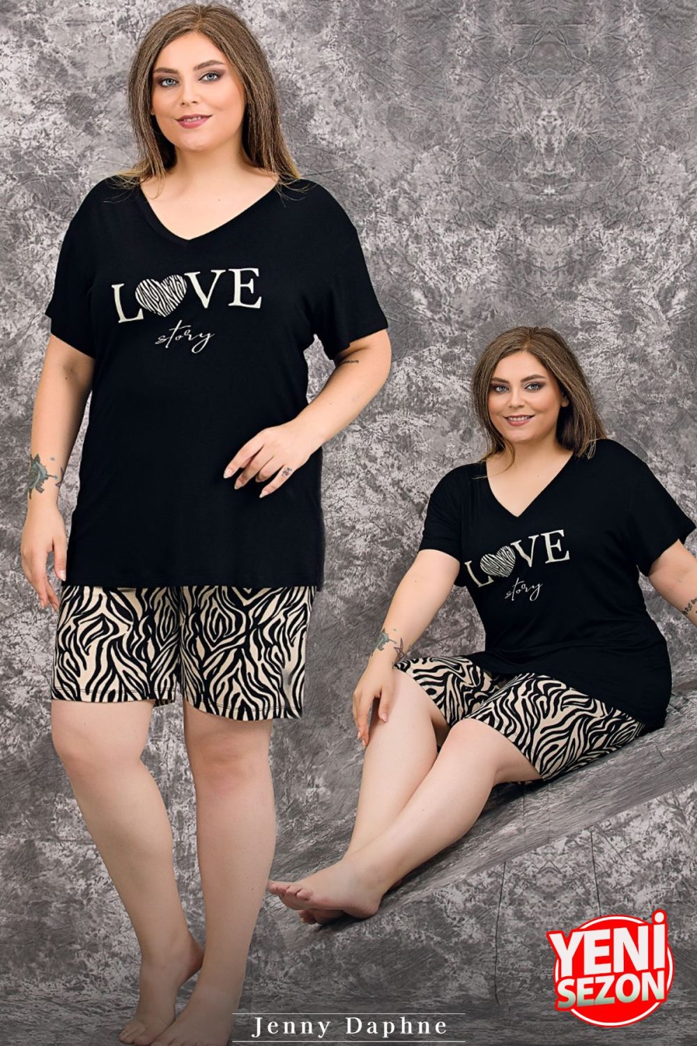 Lady büyük beden zebra desenli kısa kollu v yaka şortlu pijama takımı 10422