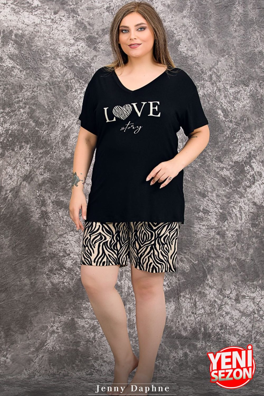 Lady büyük beden zebra desenli kısa kollu v yaka şortlu pijama takımı 10422 - Görsel 2