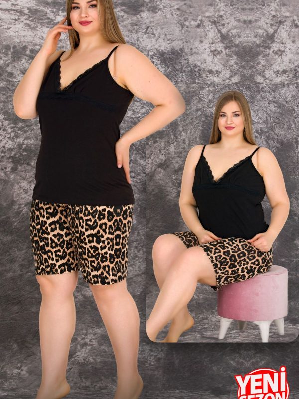 Lady büyük beden siyah renkli askılı kollu şortlu pijama takımı 10421 - 4XL