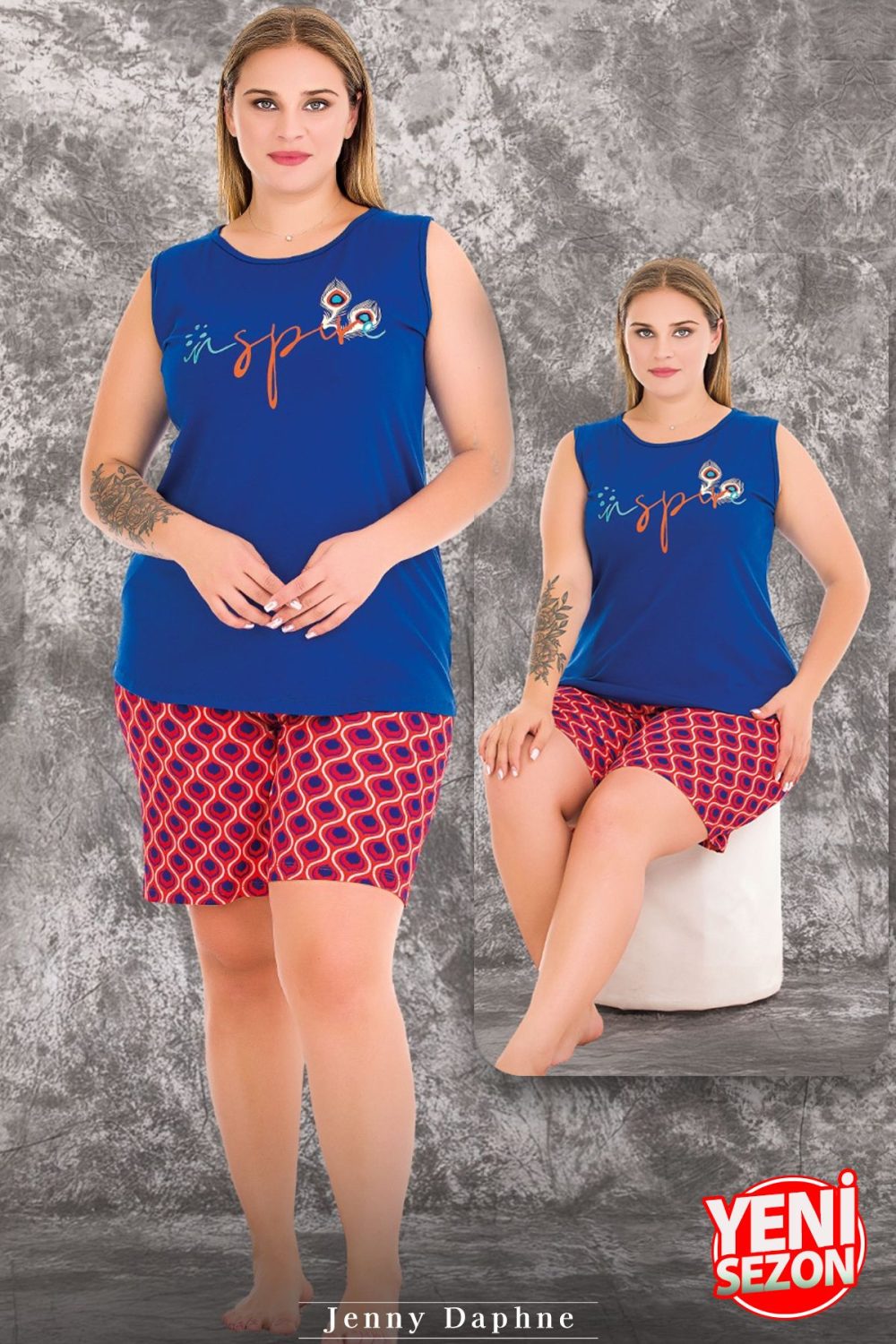 Lady büyük beden mavi desenli sıfır kollu şortlu pijama takımı 10426