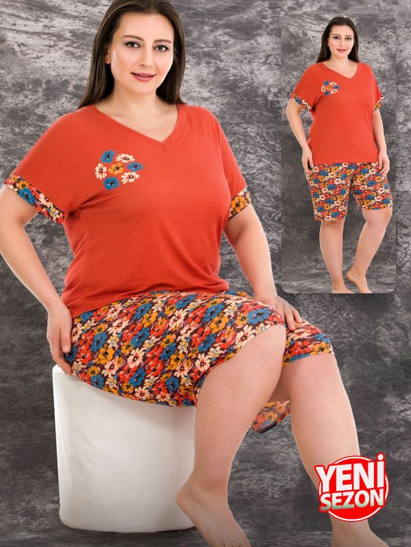 Lady büyük beden çiçek desenli kısa kollu v yaka şortlu pijama takımı 10392 - 4XL