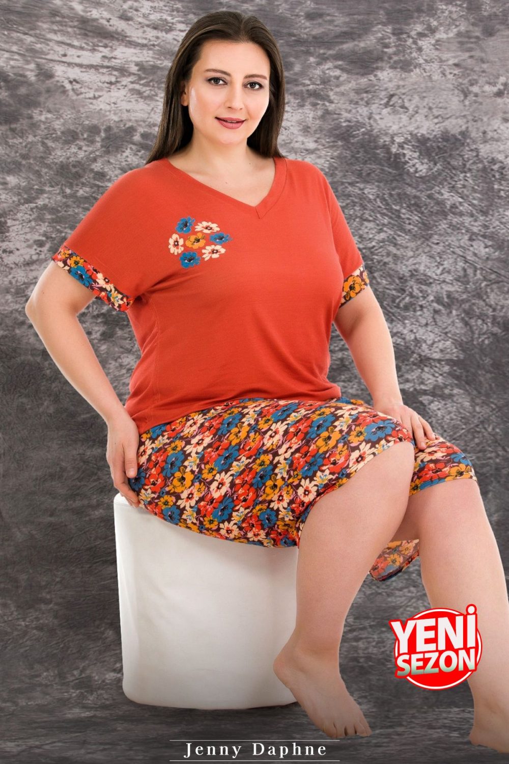Lady büyük beden çiçek desenli kısa kollu v yaka şortlu pijama takımı 10392 - Görsel 2