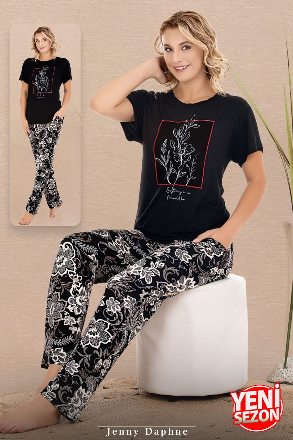 Lady Çiçek Desenli Pijama Bisiklet Yaka Kısa Kollu Pijama Takımı 12597