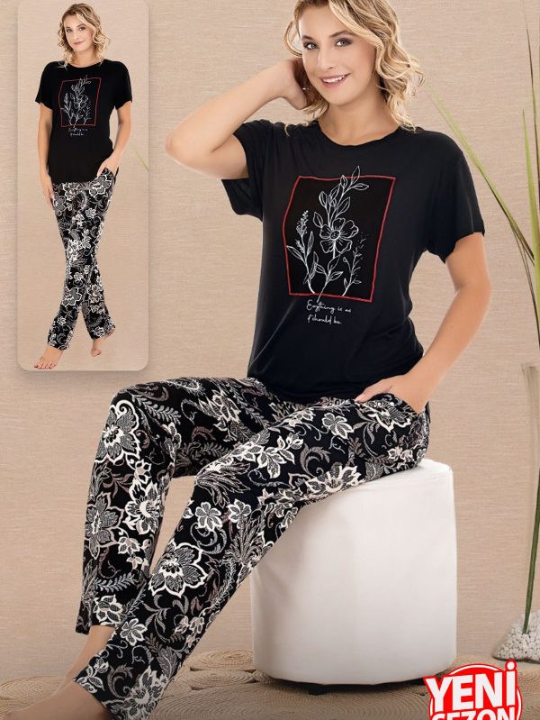 Lady Çiçek Desenli Pijama Bisiklet Yaka Kısa Kollu Pijama Takımı 12597 - M
