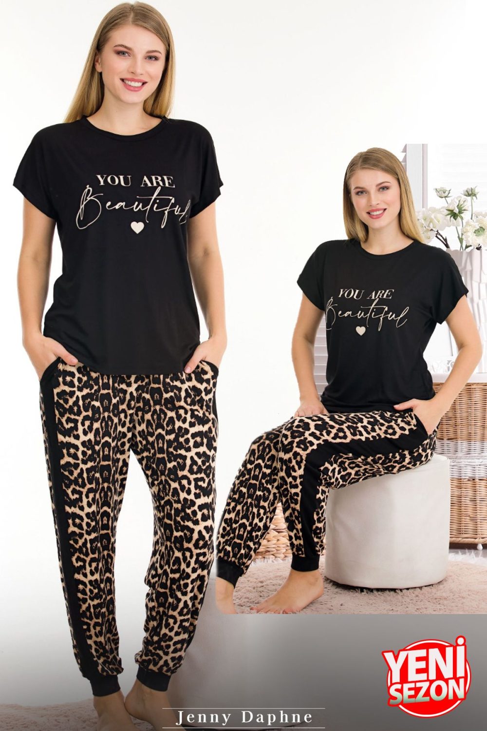 Viskon kumaş lady leopar desenli normal beden bisiklet yaka kısa kol tişört pijama takımı 12556