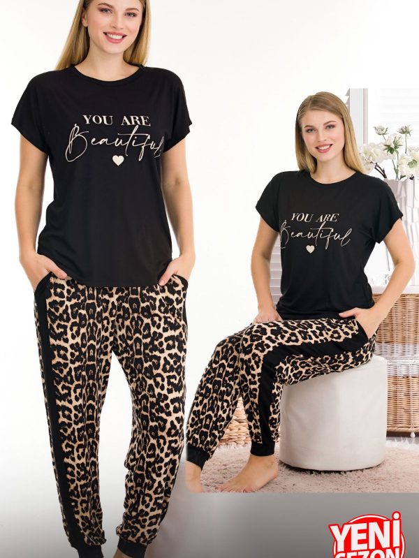 Viskon kumaş lady leopar desenli normal beden bisiklet yaka kısa kol tişört pijama takımı 12556 - L
