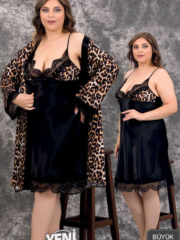 Leopar Desenli Dantelli Büyük Beden 2 li Siyah Uzun Gecelik ve Sabahlık Takımı 16138 - 2XL