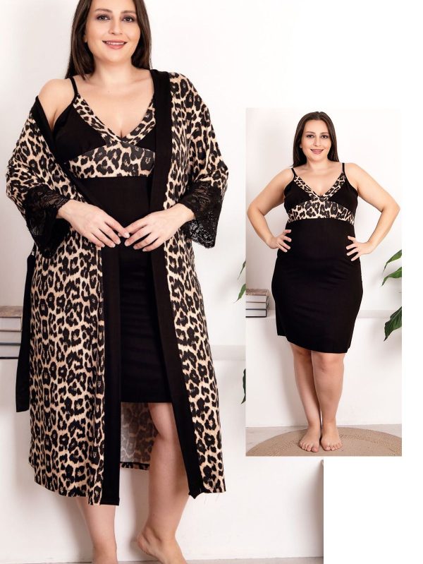 Lady viskon kumaş leopar desenli 2li gecelik sabahlık takımı 19219 - 2XL
