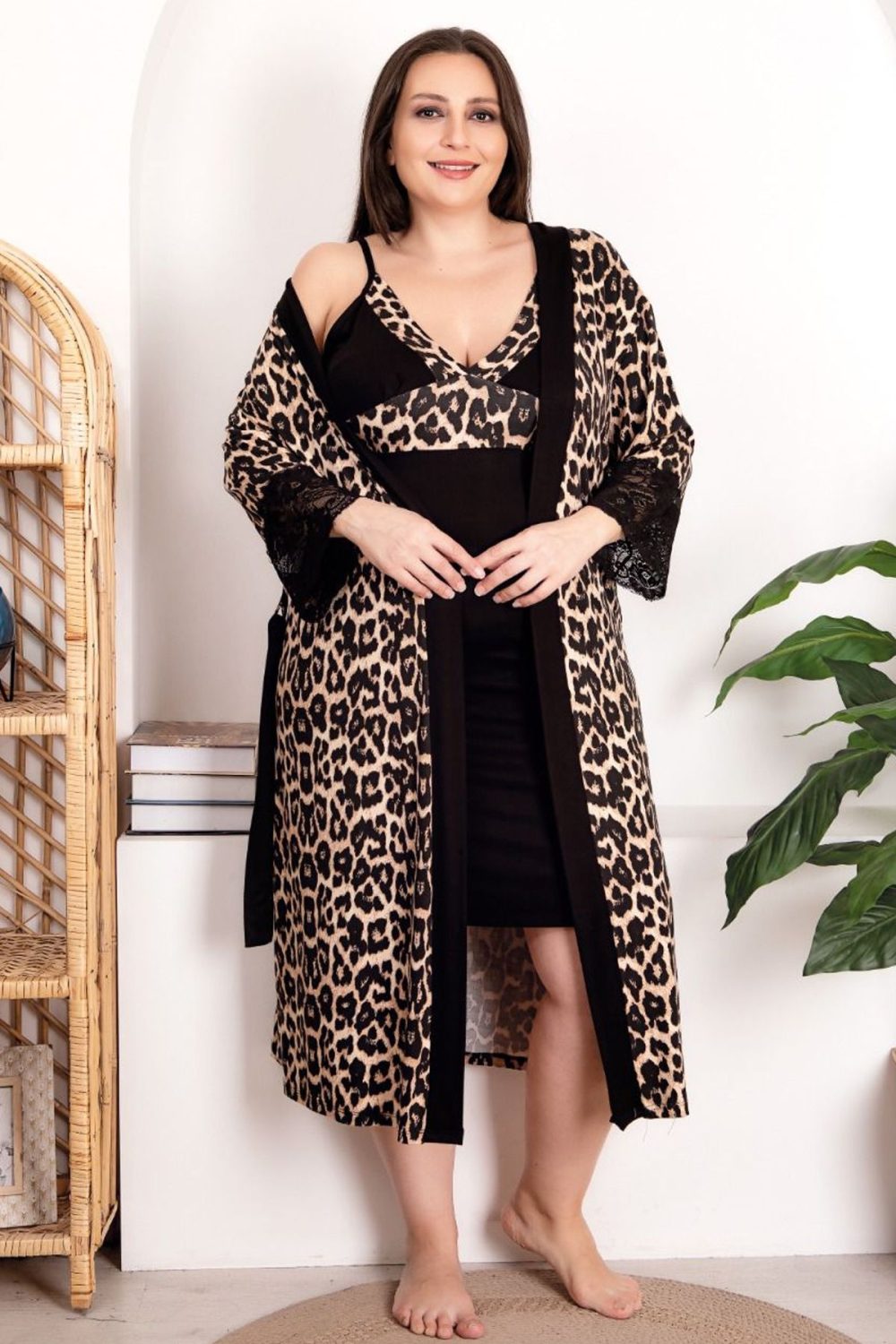 Lady viskon kumaş leopar desenli 2li gecelik sabahlık takımı 19219 - Görsel 3