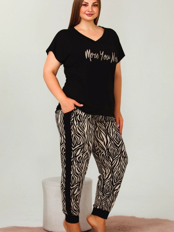 Lady viskon kumaş büyük beden zebra desenli kısa kollu uzun pijama takımı 10947 - 2XL