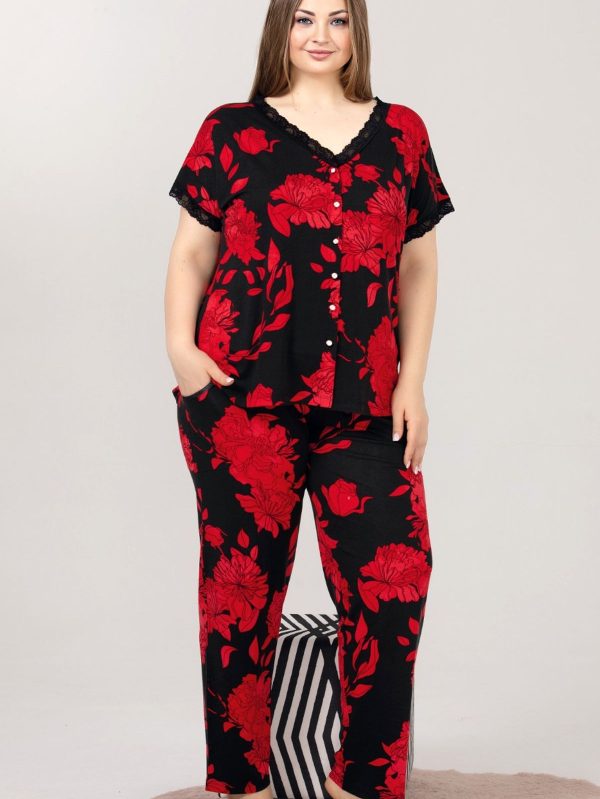 Çiçek desenli kırmızı kısa kol dantel yaka önden düğmeli viskon kumaş pijama takımı lady-10976 - 4XL