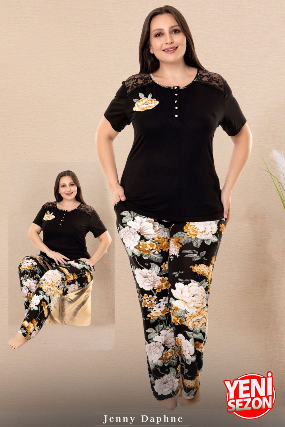 Büyük Beden Çiçek Desenli Kısa Kol Tüllü Detaylı Viskon Kumaş Kapri Pijama Takımı Lady-10972