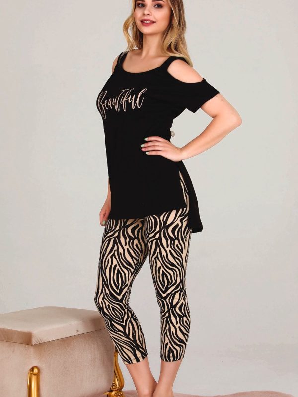 Lady Leopar Desenli Kapri Omuzları Açık Kısa Kollu Pijama Takımı 12021 Lady - XL