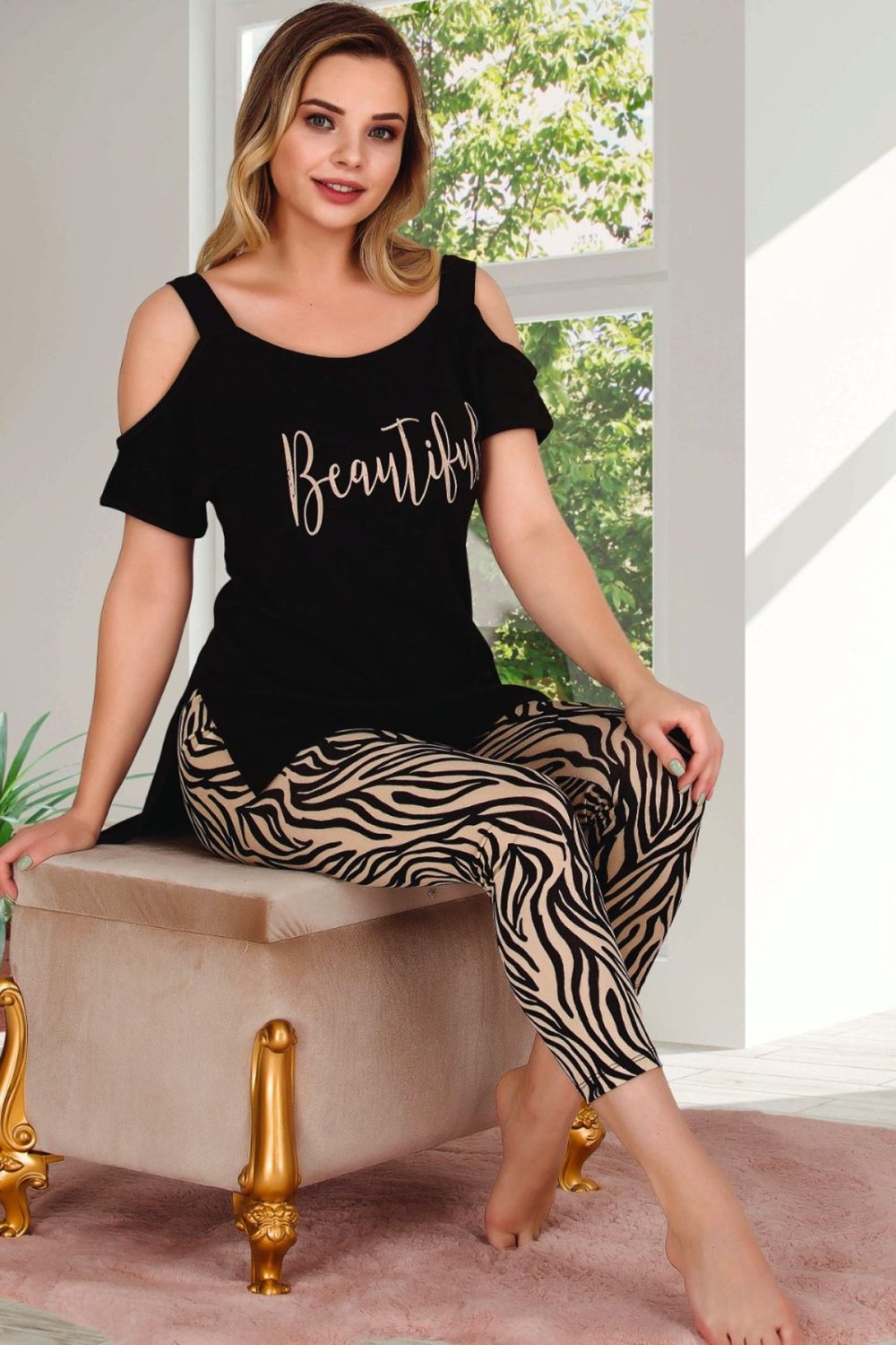 Lady Leopar Desenli Kapri Omuzları Açık Kısa Kollu Pijama Takımı 12021 Lady - Görsel 2