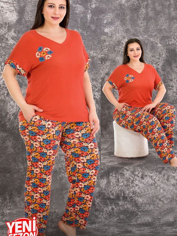Büyük Beden Viskon Kumaş Kısa Kollu Pijama Takımı Lady-10938 - 2XL