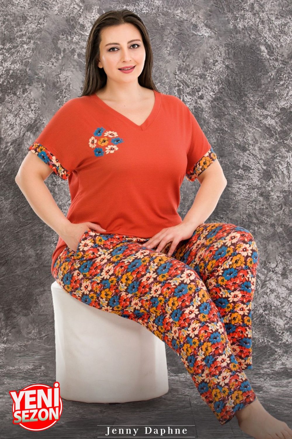 Büyük Beden Viskon Kumaş Kısa Kollu Pijama Takımı Lady-10938 - Görsel 2