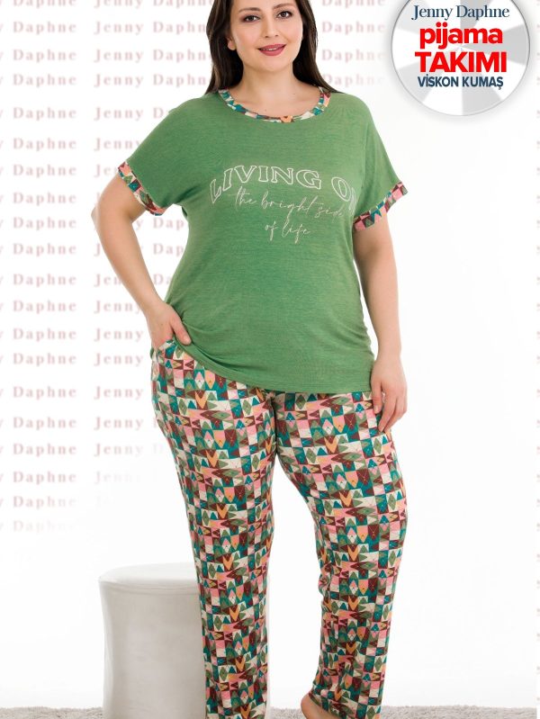 Büyük Beden Viskon Kumaş Kısa Kollu Pijama Takımı Lady-10935 - 3XL